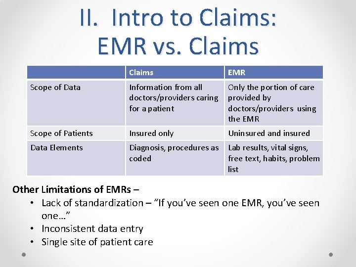 II. Intro to Claims: EMR vs. Claims EMR Scope of Data Information from all