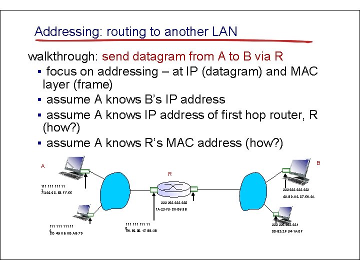 Addressing: routing to another LAN walkthrough: send datagram from A to B via R