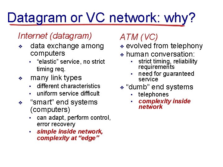 Datagram or VC network: why? Internet (datagram) ❖ data exchange among computers ▪ “elastic”