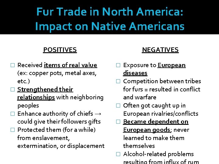 Fur Trade in North America: Impact on Native Americans POSITIVES � � Received items