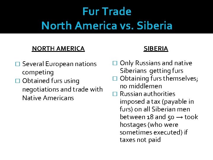 Fur Trade North America vs. Siberia NORTH AMERICA Several European nations competing � Obtained
