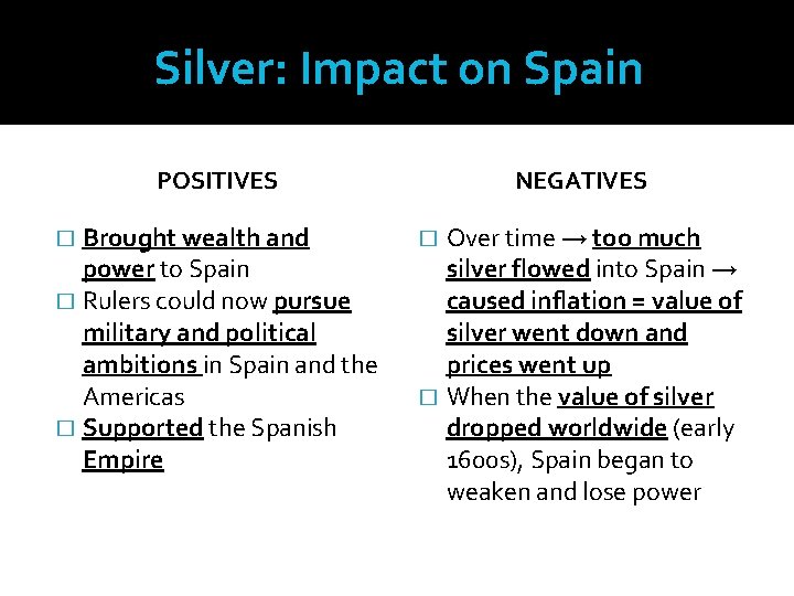 Silver: Impact on Spain POSITIVES Brought wealth and power to Spain � Rulers could