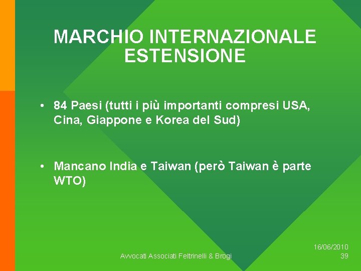 MARCHIO INTERNAZIONALE ESTENSIONE • 84 Paesi (tutti i più importanti compresi USA, Cina, Giappone