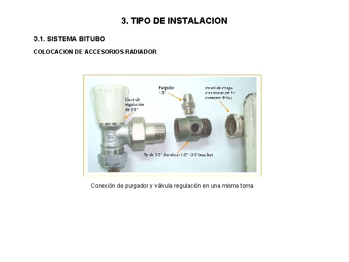 3. TIPO DE INSTALACION 3. 1. SISTEMA BITUBO COLOCACION DE ACCESORIOS RADIADOR Conexión de 3. TIPO DE INSTALACION 3. 1. SISTEMA BITUBO COLOCACION DE ACCESORIOS RADIADOR Conexión de