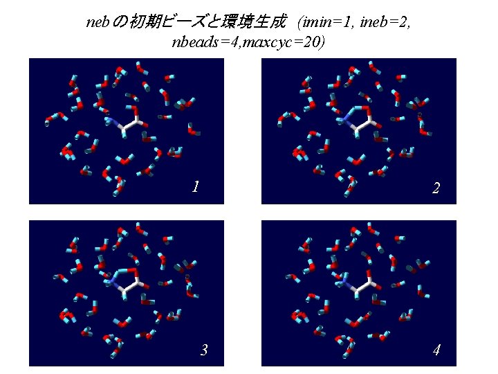 nebの初期ビーズと環境生成　(imin=1, ineb=2, nbeads=4, maxcyc=20) 1 2 3 4 