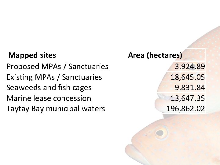 Mapped sites Proposed MPAs / Sanctuaries Existing MPAs / Sanctuaries Seaweeds and fish cages