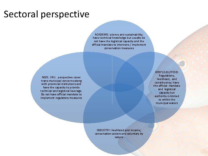 Sectoral perspective ACADEME: science and sustainability; have technical knowledge but usually do not have