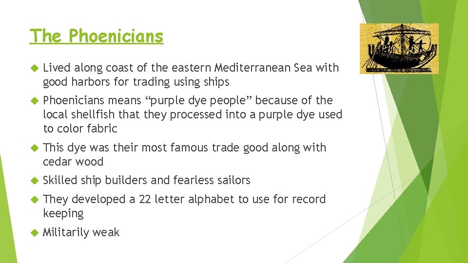 The Phoenicians Lived along coast of the eastern Mediterranean Sea with good harbors for