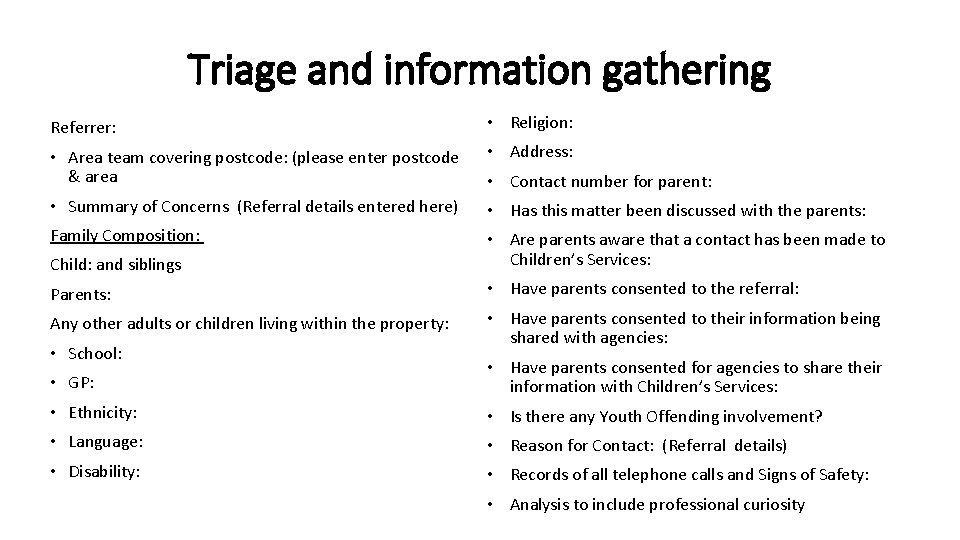 Triage and information gathering Referrer: • Religion: • Area team covering postcode: (please enter