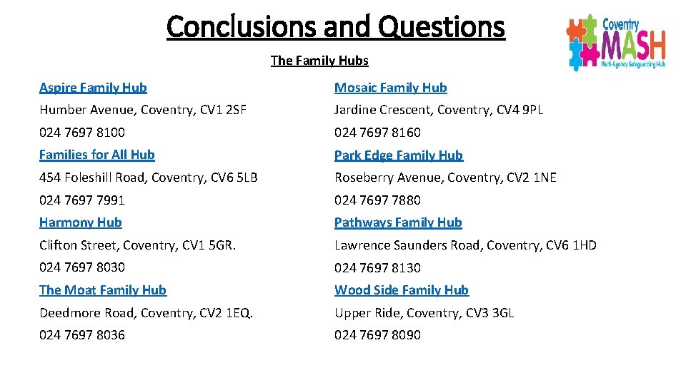 Conclusions and Questions The Family Hubs Aspire Family Hub Mosaic Family Hub Humber Avenue,