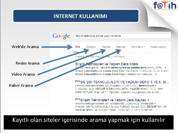 INTERNET KULLANIMI Web’de Arama Resim Arama Video Arama Haber Arama Kayıtlı olan siteler içerisinde