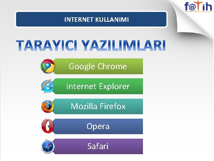 INTERNET KULLANIMI Google Chrome Internet Explorer Mozilla Firefox Opera Safari 
