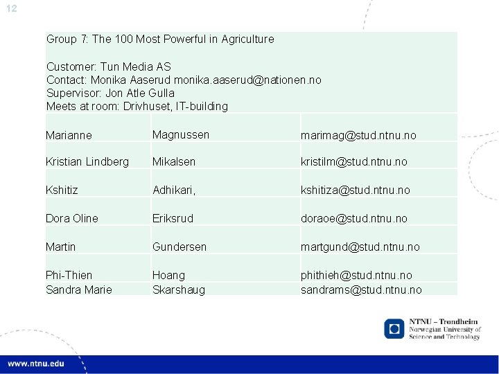 12 Group 7: The 100 Most Powerful in Agriculture Customer: Tun Media AS Contact: