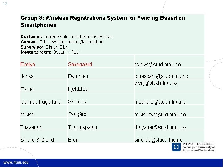 13 Group 8: Wireless Registrations System for Fencing Based on Smartphones Customer: Tordenskiold Trondheim