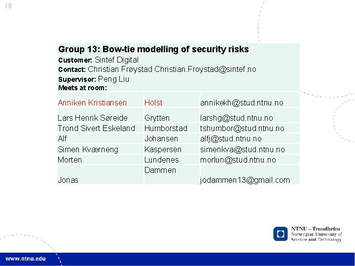 18 Group 13: Bow-tie modelling of security risks Customer: Sintef Digital Contact: Christian Frøystad