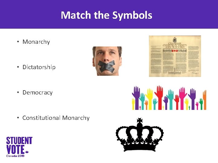 Match the Symbols • Monarchy • Dictatorship • Democracy • Constitutional Monarchy 