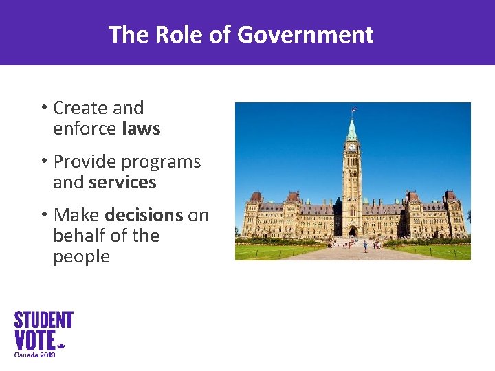 The Role of Government • Create and enforce laws • Provide programs and services