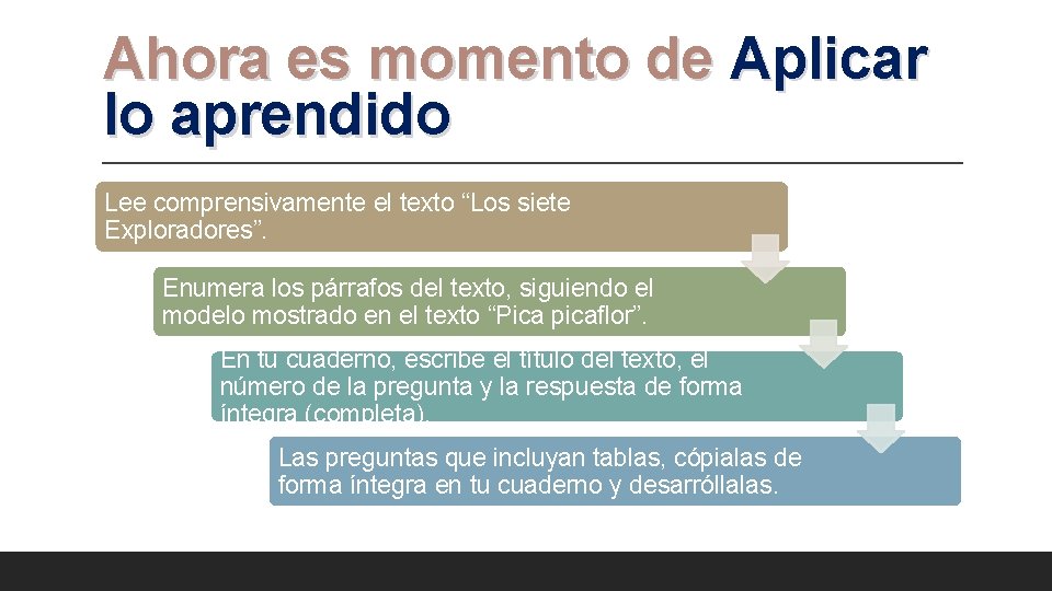 Ahora es momento de Aplicar lo aprendido Lee comprensivamente el texto “Los siete Exploradores”. Ahora es momento de Aplicar lo aprendido Lee comprensivamente el texto “Los siete Exploradores”.