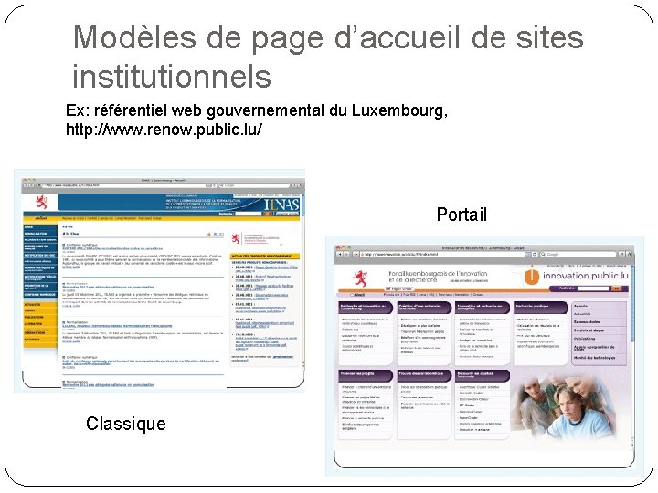 Modèles de page d’accueil de sites institutionnels Ex: référentiel web gouvernemental du Luxembourg, http: