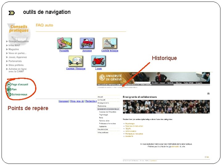 outils de navigation Historique Points de repère 