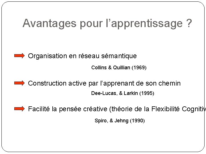 Avantages pour l’apprentissage ? Organisation en réseau sémantique Collins & Quillian (1969) Construction active