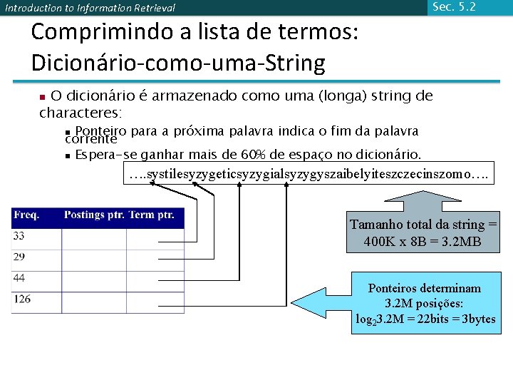 Introduction to Information Retrieval Comprimindo a lista de termos: Dicionário-como-uma-String Sec. 5. 2 O