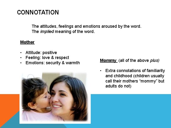 CONNOTATION The attitudes, feelings and emotions aroused by the word. The implied meaning of