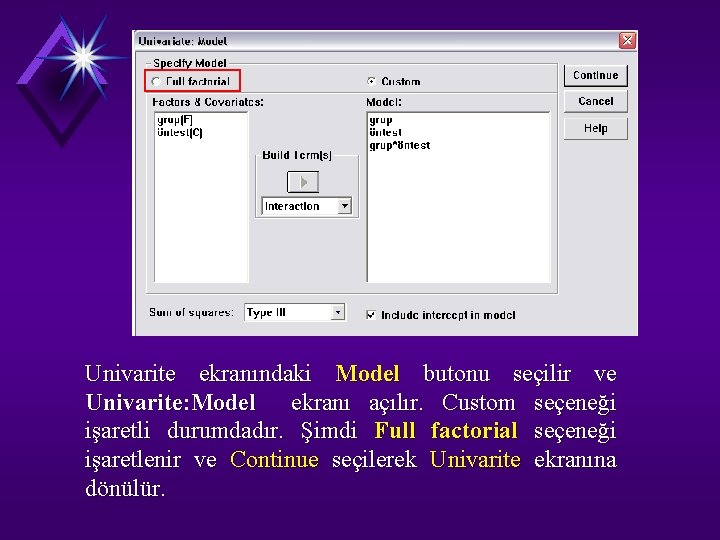 Univarite ekranındaki Model butonu seçilir ve Univarite: Model ekranı açılır. Custom seçeneği işaretli durumdadır.