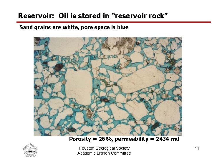 Reservoir: Oil is stored in “reservoir rock” Sand grains are white, pore space is