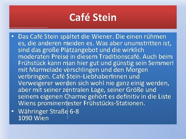 Café Stein • Das Café Stein spaltet die Wiener. Die einen rühmen es, die