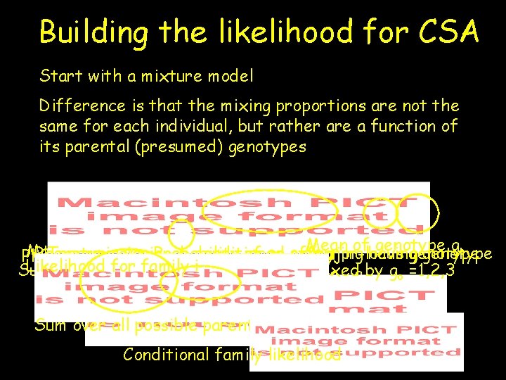 Building the likelihood for CSA Start with a mixture model Difference is that the