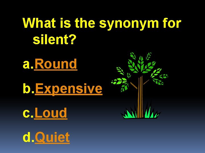 What is the synonym for silent? a. Round b. Expensive c. Loud d. Quiet