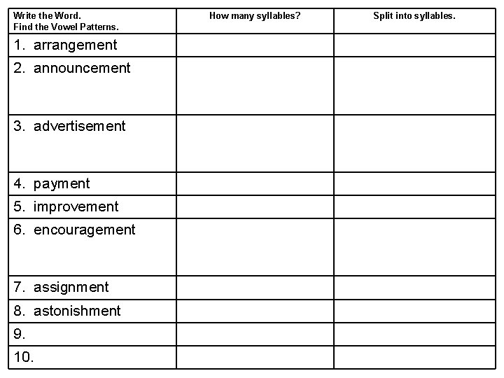 Write the Word. Find the Vowel Patterns. 1. arrangement 2. announcement 3. advertisement 4.