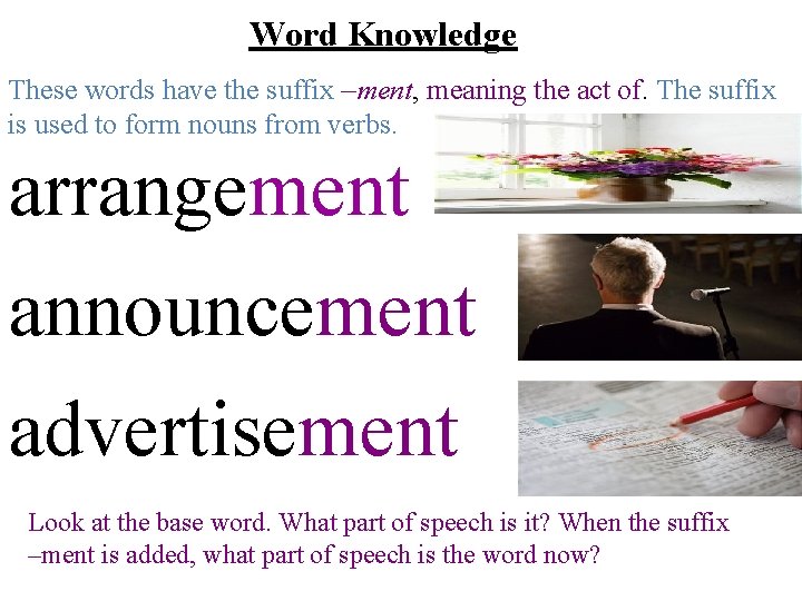 Word Knowledge These words have the suffix –ment, meaning the act of. The suffix