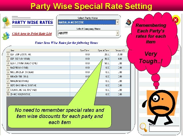 Party Wise Special Rate Setting Remembering Each Party’s rates for each item Very Tough. Party Wise Special Rate Setting Remembering Each Party’s rates for each item Very Tough.