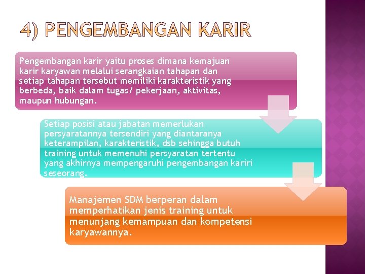 Pengembangan karir yaitu proses dimana kemajuan karir karyawan melalui serangkaian tahapan dan setiap tahapan