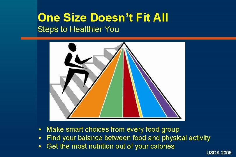 One Size Doesn’t Fit All Steps to Healthier You • Make smart choices from