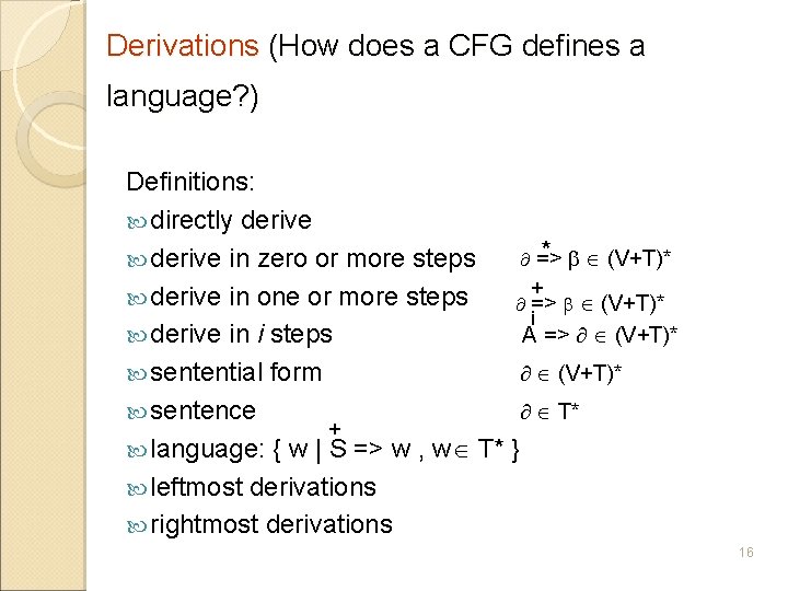 Derivations (How does a CFG defines a language? ) Definitions: directly derive * =>