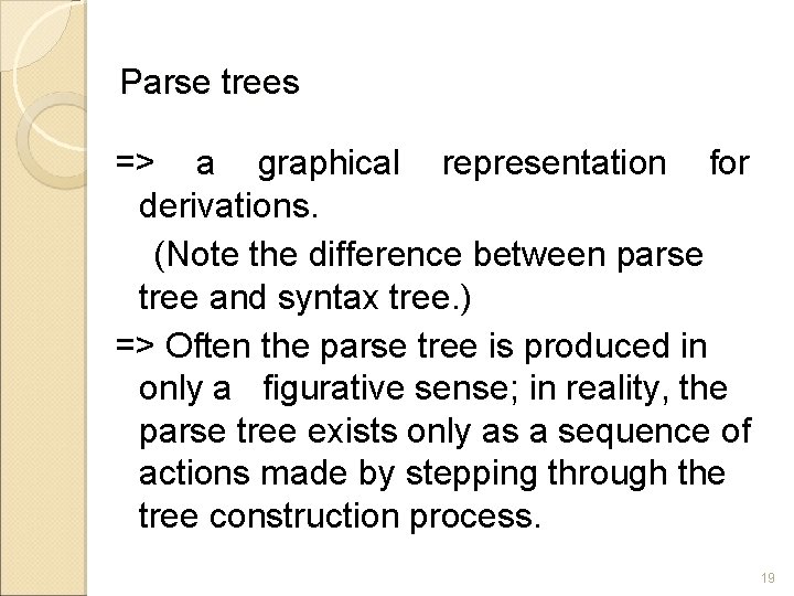 Parse trees => a graphical representation for derivations. (Note the difference between parse tree