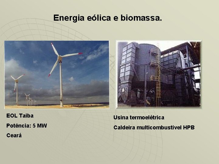 Energia eólica e biomassa. EOL Taiba Usina termoelétrica Potência: 5 MW Caldeira multicombustivel HPB