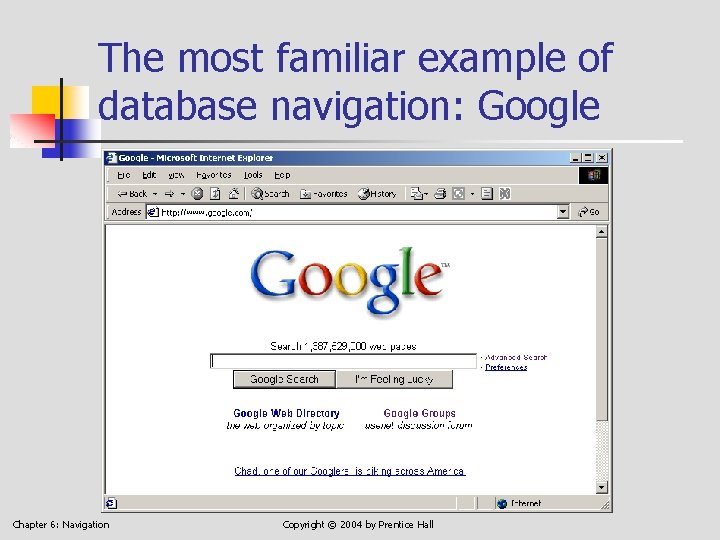 The most familiar example of database navigation: Google Chapter 6: Navigation Copyright © 2004