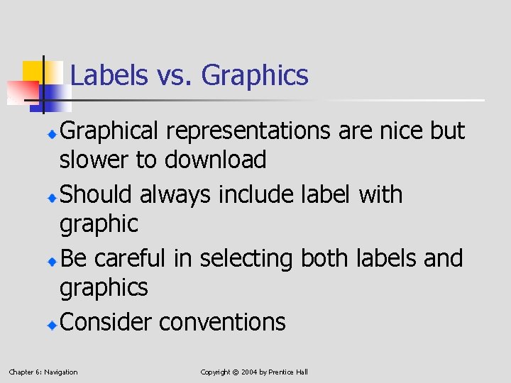 Labels vs. Graphics Graphical representations are nice but slower to download Should always include