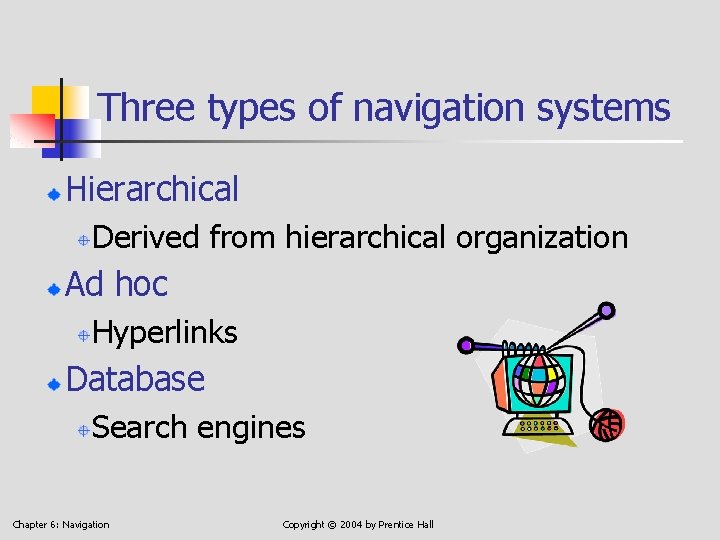 Three types of navigation systems Hierarchical Derived from hierarchical organization Ad hoc Hyperlinks Database