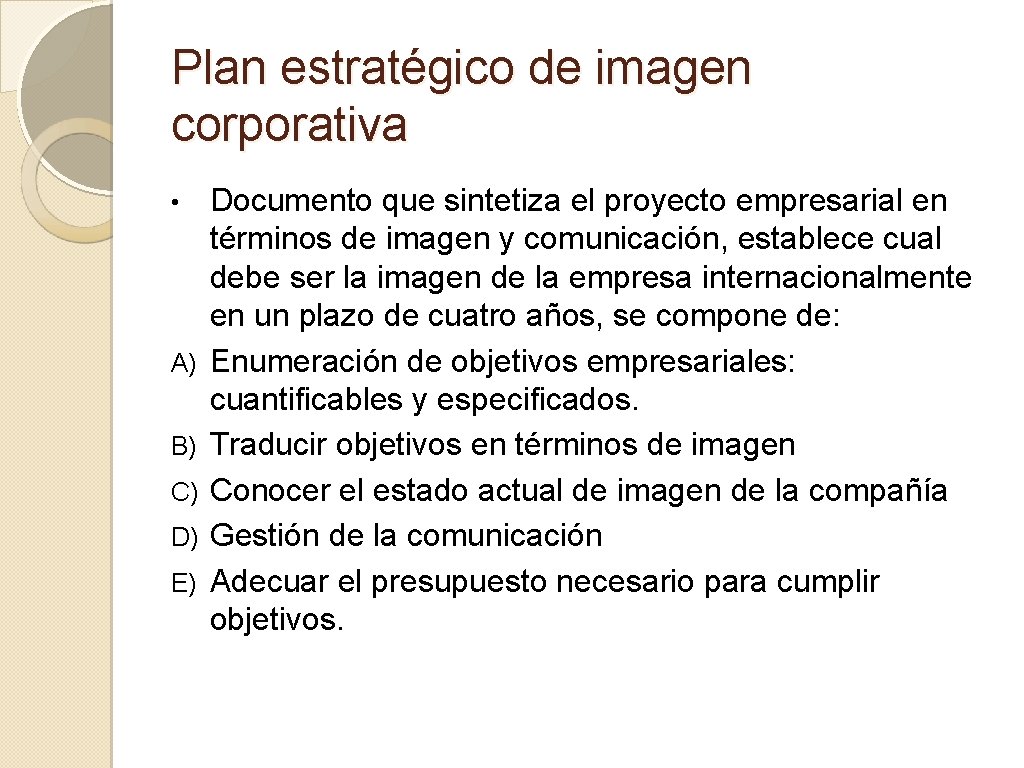 Plan estratégico de imagen corporativa • A) B) C) D) E) Documento que sintetiza