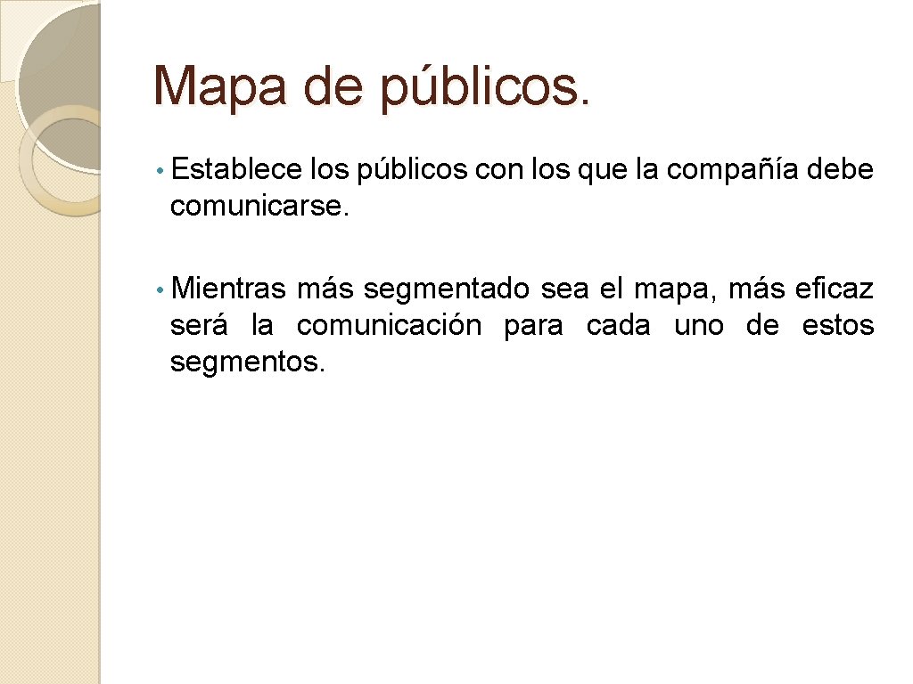 Mapa de públicos. • Establece los públicos con los que la compañía debe comunicarse.