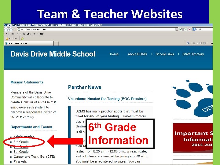 Team & Teacher Websites 6 th Grade Information 
