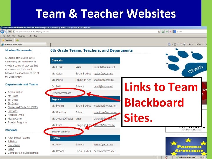 Team & Teacher Websites Links to Team Blackboard Sites. 