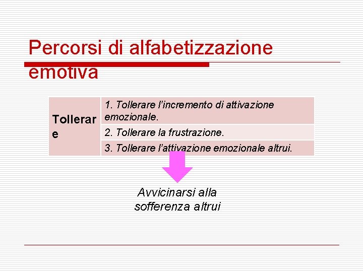 Percorsi di alfabetizzazione emotiva 1. Tollerare l’incremento di attivazione emozionale. Tollerar 2. Tollerare la