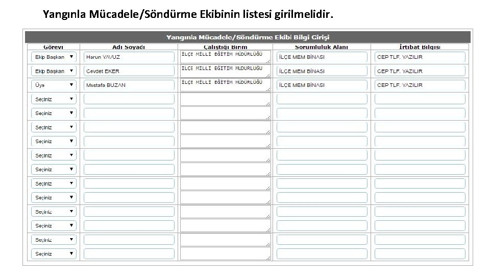 Yangınla Mücadele/Söndürme Ekibinin listesi girilmelidir. Yangınla Mücadele/Söndürme Ekibinin listesi girilmelidir.