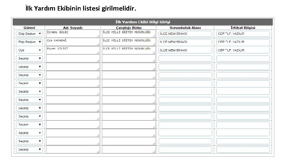 İlk Yardım Ekibinin listesi girilmelidir. İlk Yardım Ekibinin listesi girilmelidir.